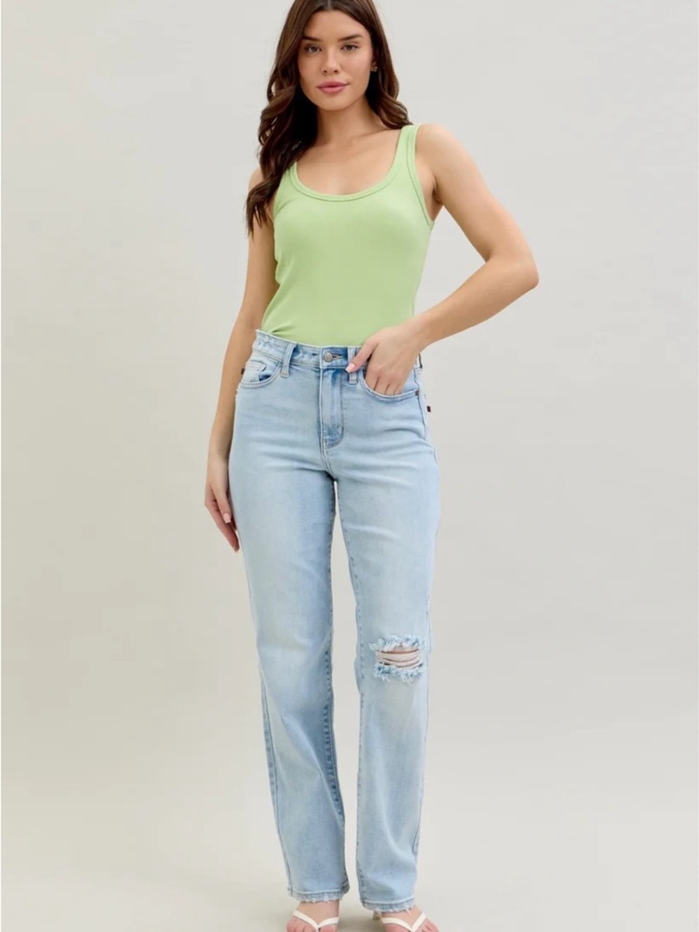 Judy Blue Light Blue Straight Leg Jeans with Knee Distress - Picture 9 of 10